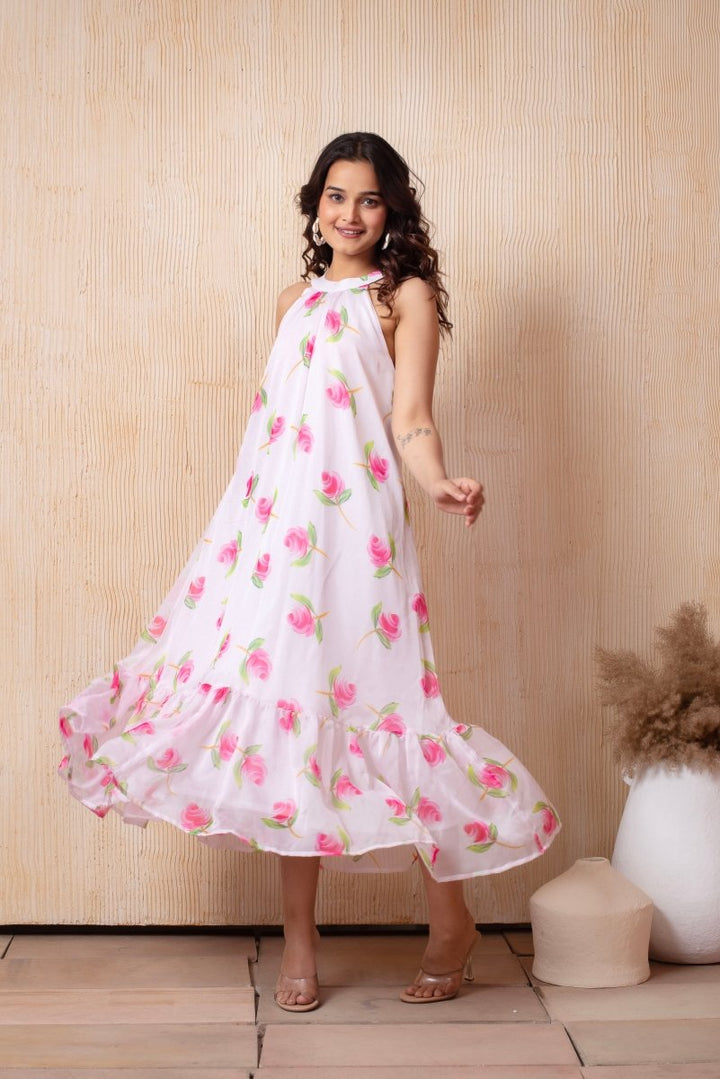 DHOOP CHAAV LAILA PINK ROSE HALTER NECK ORGANZA MIDI DRESS - Pomcha Jaipur