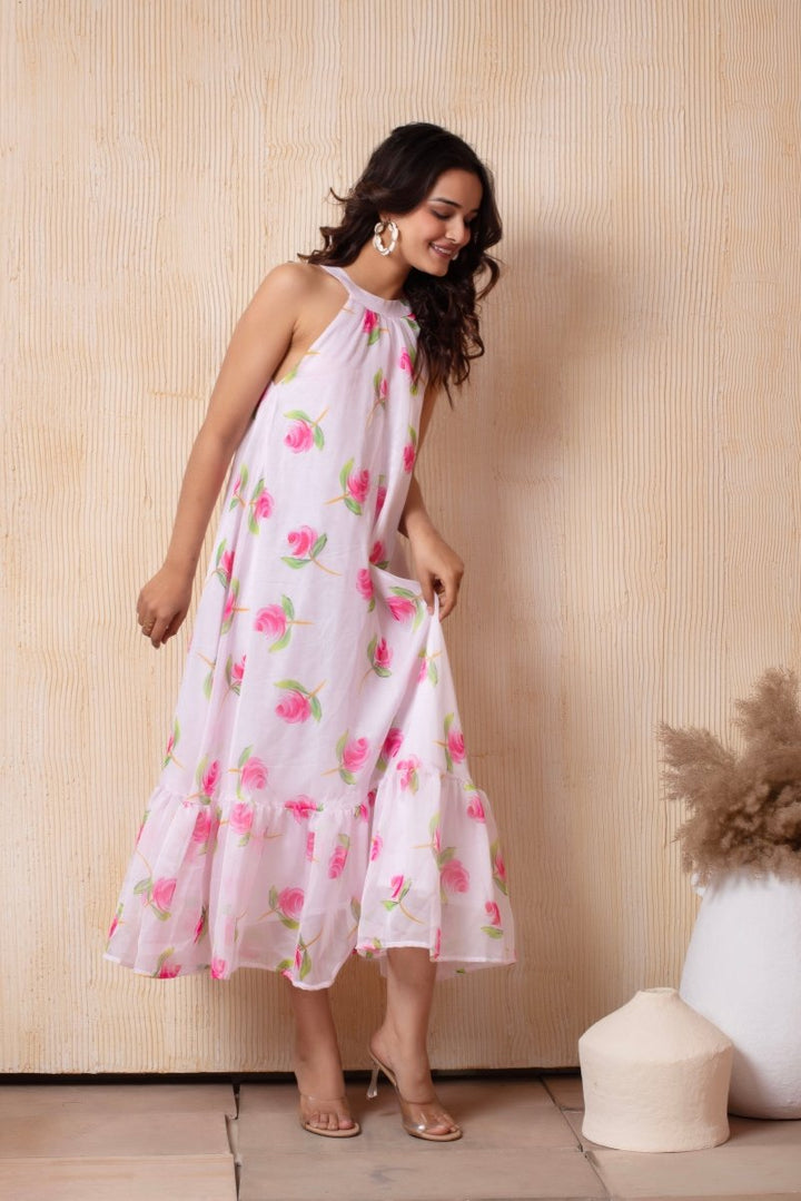 DHOOP CHAAV LAILA PINK ROSE HALTER NECK ORGANZA MIDI DRESS - Pomcha Jaipur