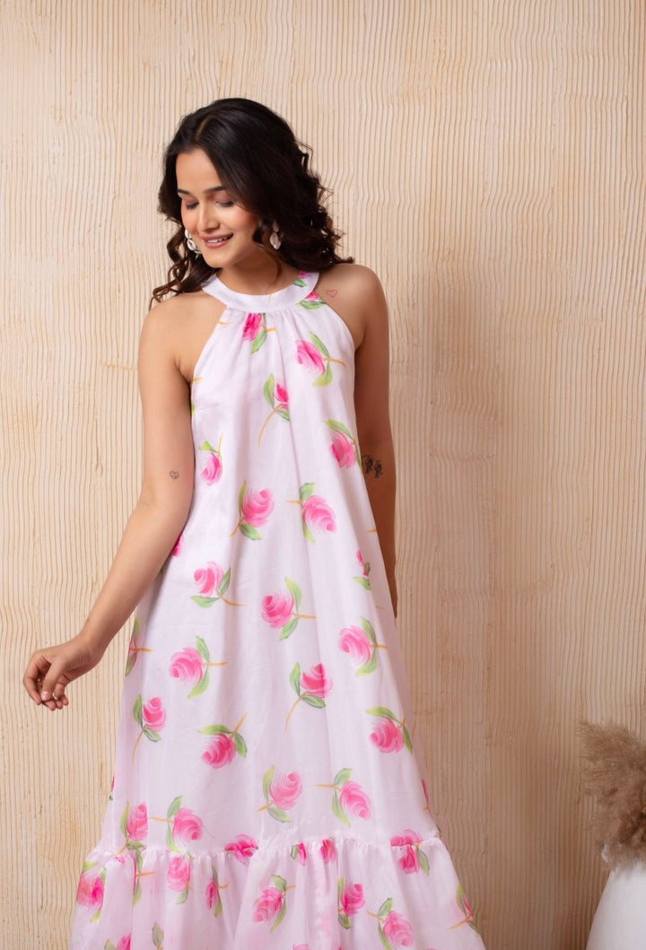 DHOOP CHAAV LAILA PINK ROSE HALTER NECK ORGANZA MIDI DRESS - Pomcha Jaipur