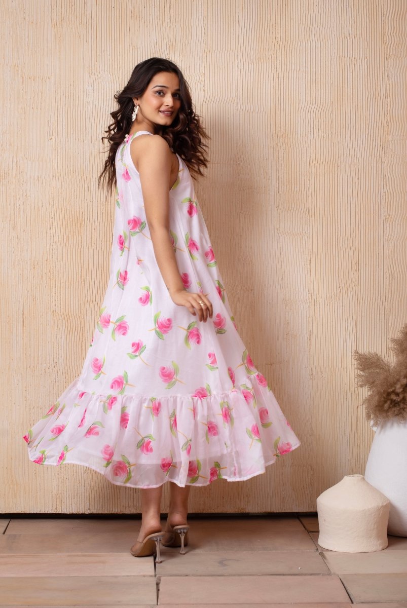 DHOOP CHAAV LAILA PINK ROSE HALTER NECK ORGANZA MIDI DRESS - Pomcha Jaipur