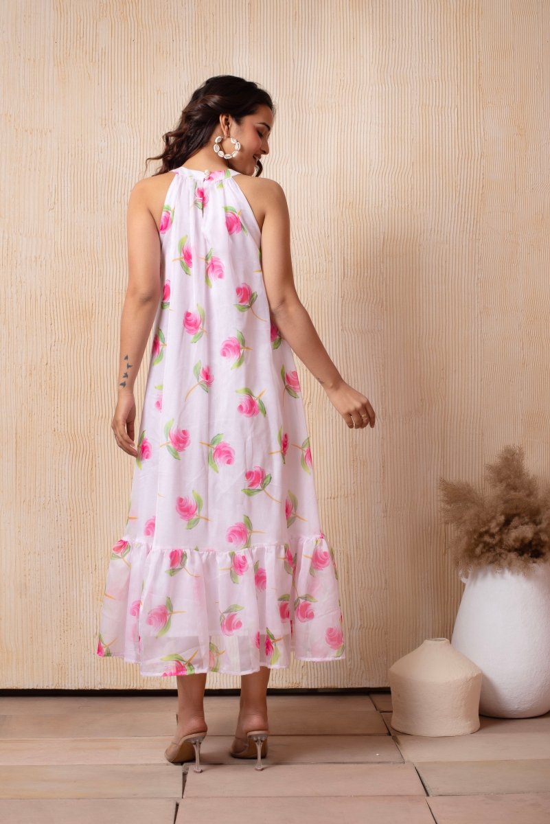 DHOOP CHAAV LAILA PINK ROSE HALTER NECK ORGANZA MIDI DRESS - Pomcha Jaipur