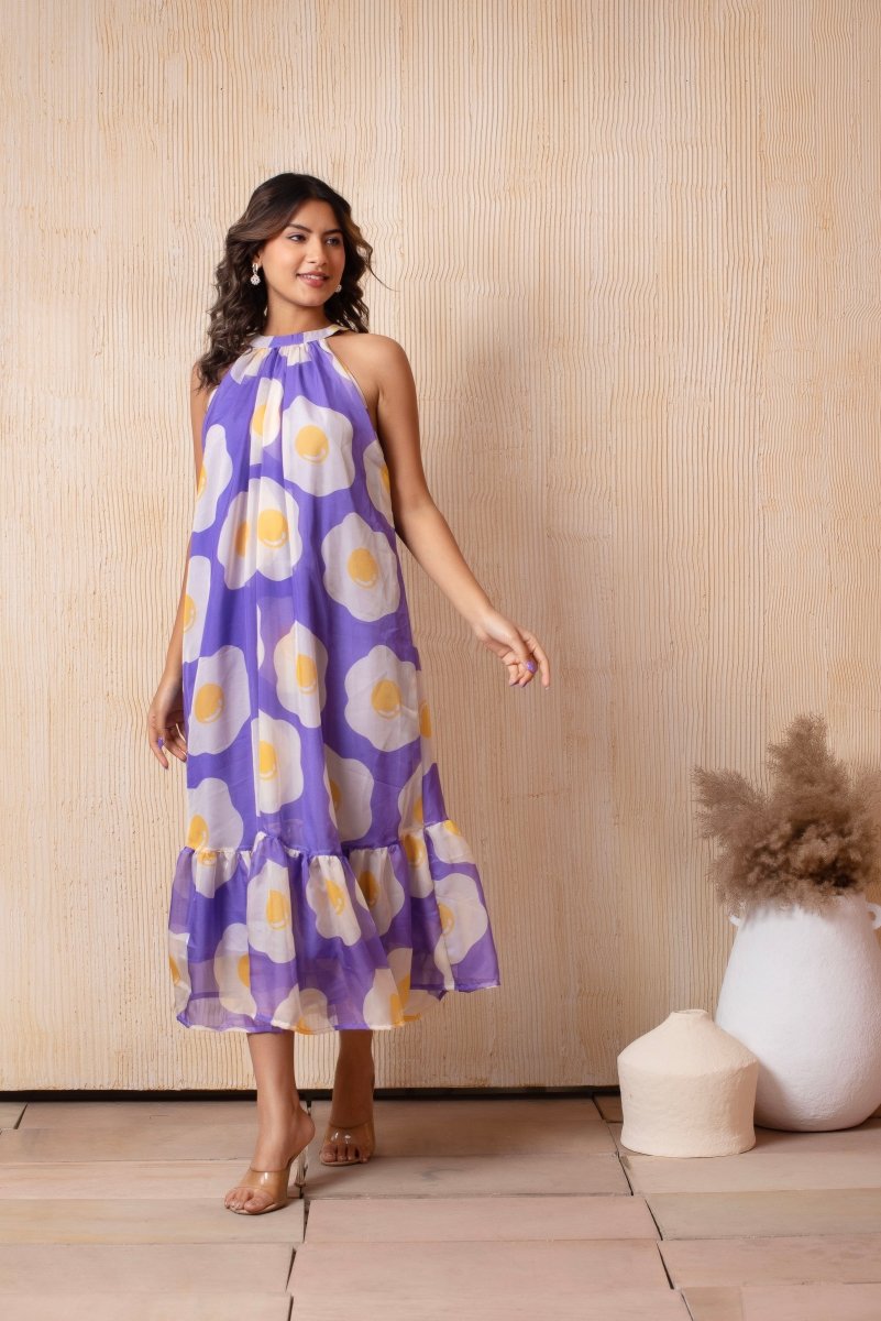 DHOOP CHAAV LAILA PUFF LEVENDER HALTER NECK ORGANZA MIDI DRESS - Pomcha Jaipur