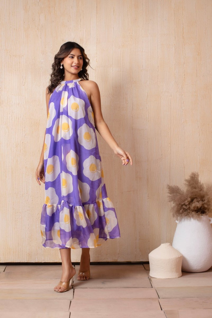 DHOOP CHAAV LAILA PUFF LEVENDER HALTER NECK ORGANZA MIDI DRESS - Pomcha Jaipur