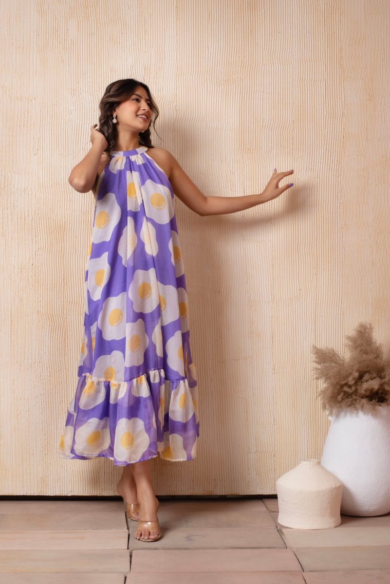 DHOOP CHAAV LAILA PUFF LEVENDER HALTER NECK ORGANZA MIDI DRESS - Pomcha Jaipur