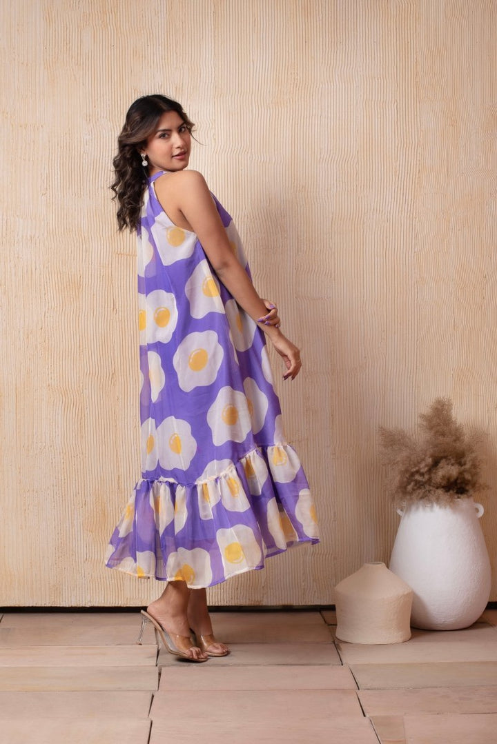 DHOOP CHAAV LAILA PUFF LEVENDER HALTER NECK ORGANZA MIDI DRESS - Pomcha Jaipur