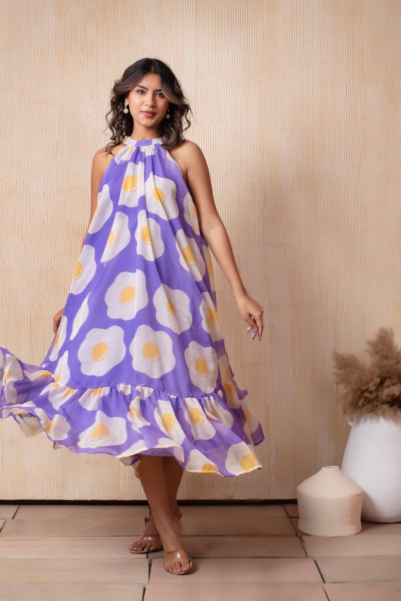 DHOOP CHAAV LAILA PUFF LEVENDER HALTER NECK ORGANZA MIDI DRESS - Pomcha Jaipur