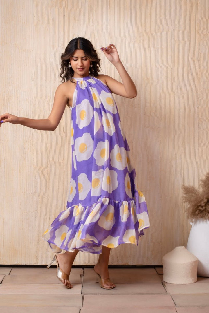 DHOOP CHAAV LAILA PUFF LEVENDER HALTER NECK ORGANZA MIDI DRESS - Pomcha Jaipur