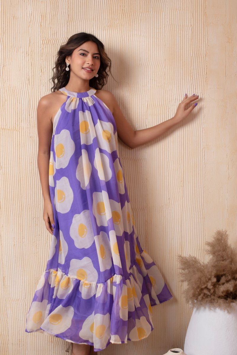 DHOOP CHAAV LAILA PUFF LEVENDER HALTER NECK ORGANZA MIDI DRESS - Pomcha Jaipur