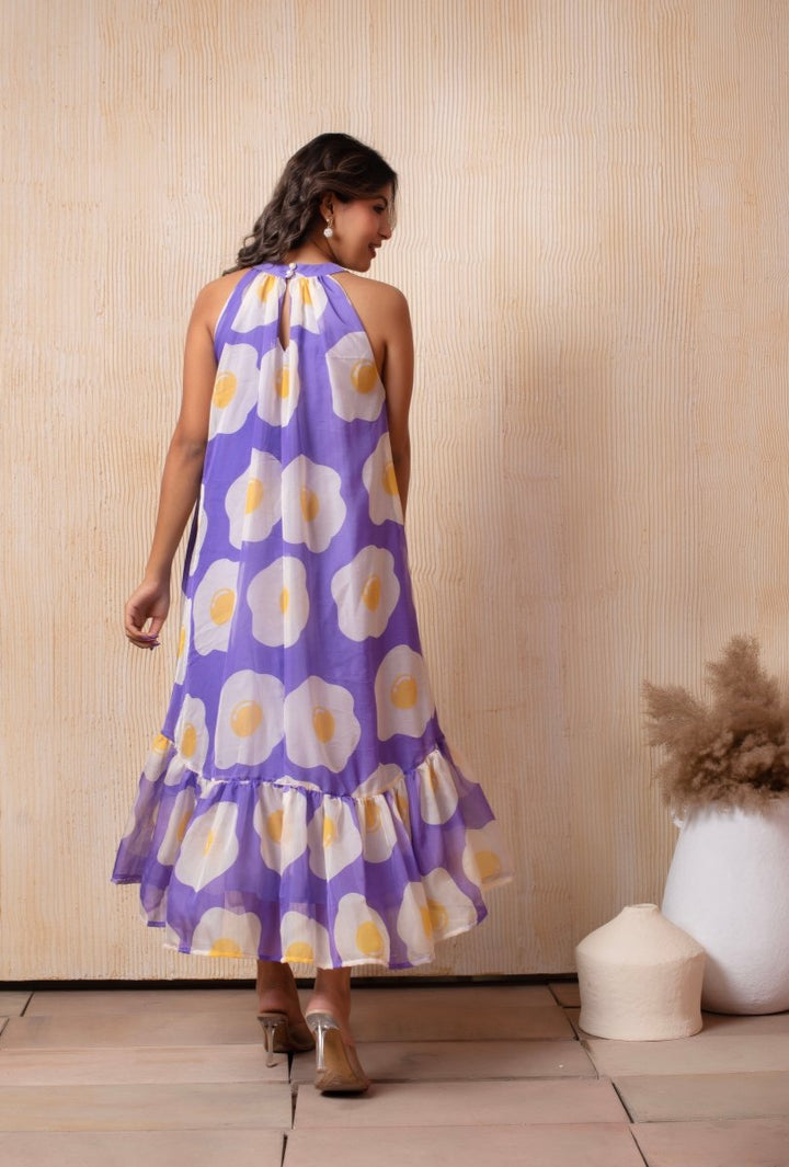 DHOOP CHAAV LAILA PUFF LEVENDER HALTER NECK ORGANZA MIDI DRESS - Pomcha Jaipur