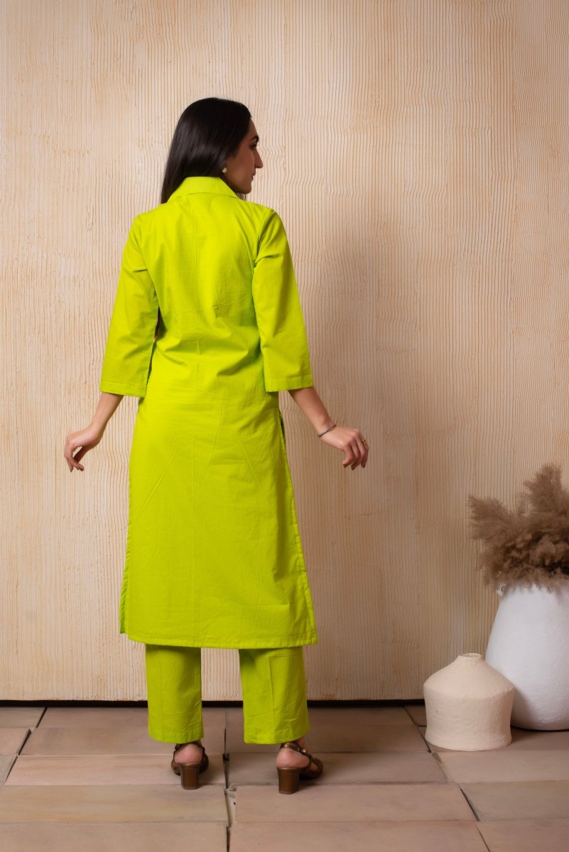 DHOOP CHAAV LIME GREEN COTTON COLLARED CO - ORD SET - Pomcha Jaipur