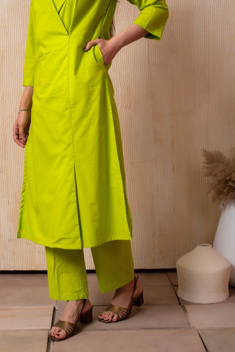 DHOOP CHAAV LIME GREEN COTTON COLLARED CO - ORD SET - Pomcha Jaipur