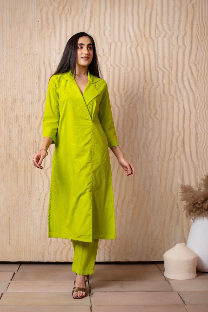 DHOOP CHAAV LIME GREEN COTTON COLLARED CO - ORD SET - Pomcha Jaipur