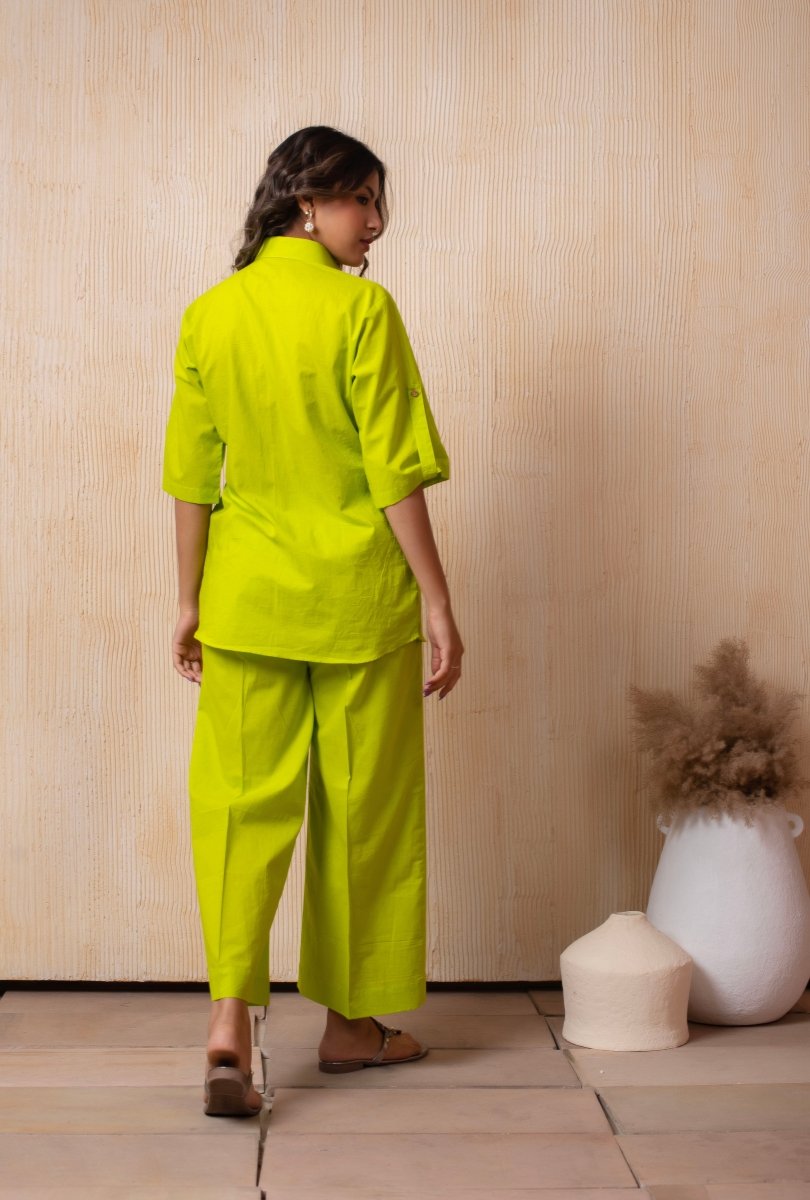 DHOOP CHAAV LIME GREEN COTTON SHIRT AND PANT SET - Pomcha Jaipur