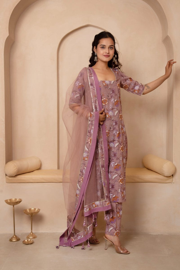 DHOOP CHAAV MAUVE FLORAL COTTON STRAIGHT SUIT SET WITH SOFT NET DUPATTA - Pomcha Jaipur
