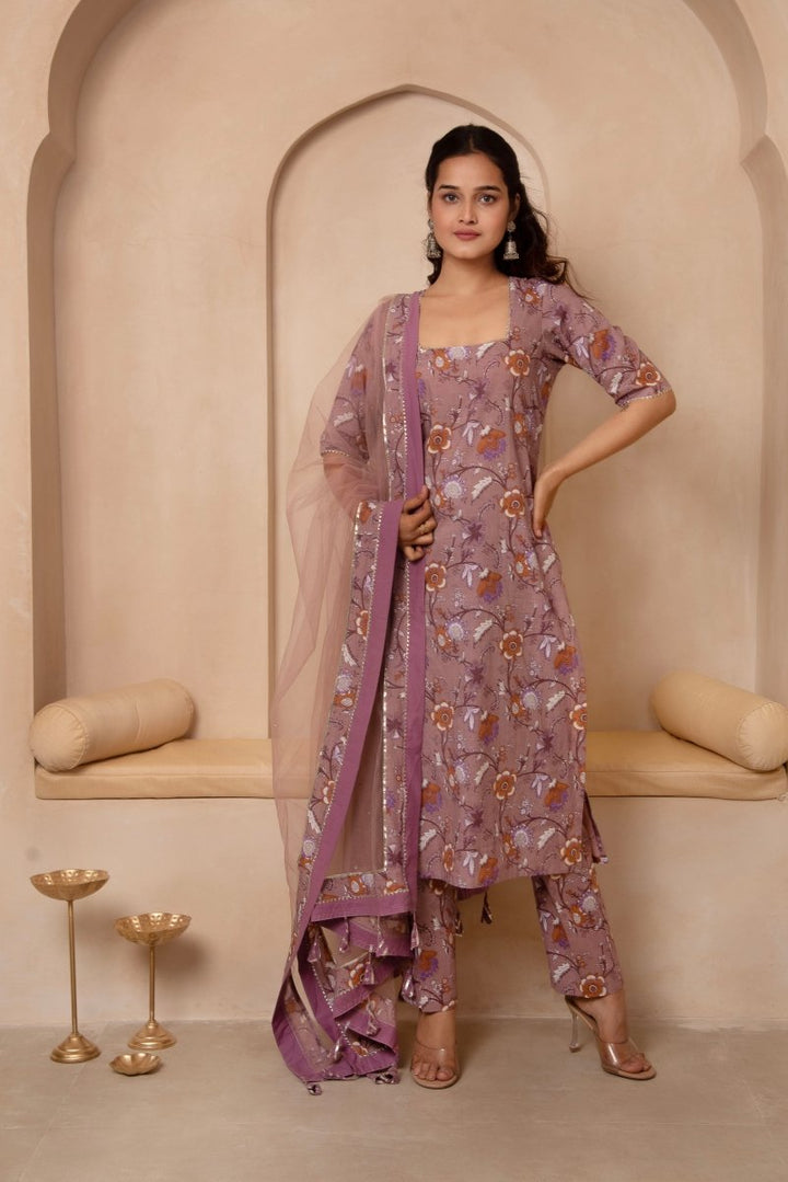 DHOOP CHAAV MAUVE FLORAL COTTON STRAIGHT SUIT SET WITH SOFT NET DUPATTA - Pomcha Jaipur