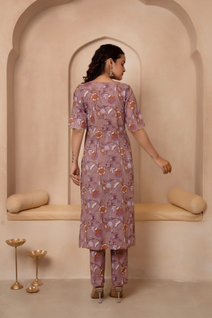 DHOOP CHAAV MAUVE FLORAL COTTON STRAIGHT SUIT SET WITH SOFT NET DUPATTA - Pomcha Jaipur