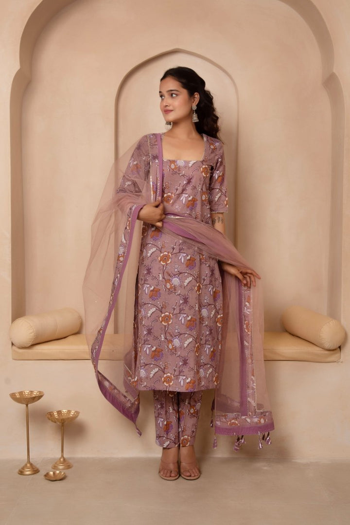 DHOOP CHAAV MAUVE FLORAL COTTON STRAIGHT SUIT SET WITH SOFT NET DUPATTA - Pomcha Jaipur