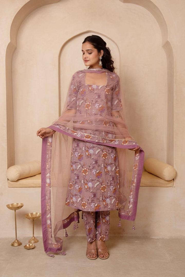 DHOOP CHAAV MAUVE FLORAL COTTON STRAIGHT SUIT SET WITH SOFT NET DUPATTA - Pomcha Jaipur