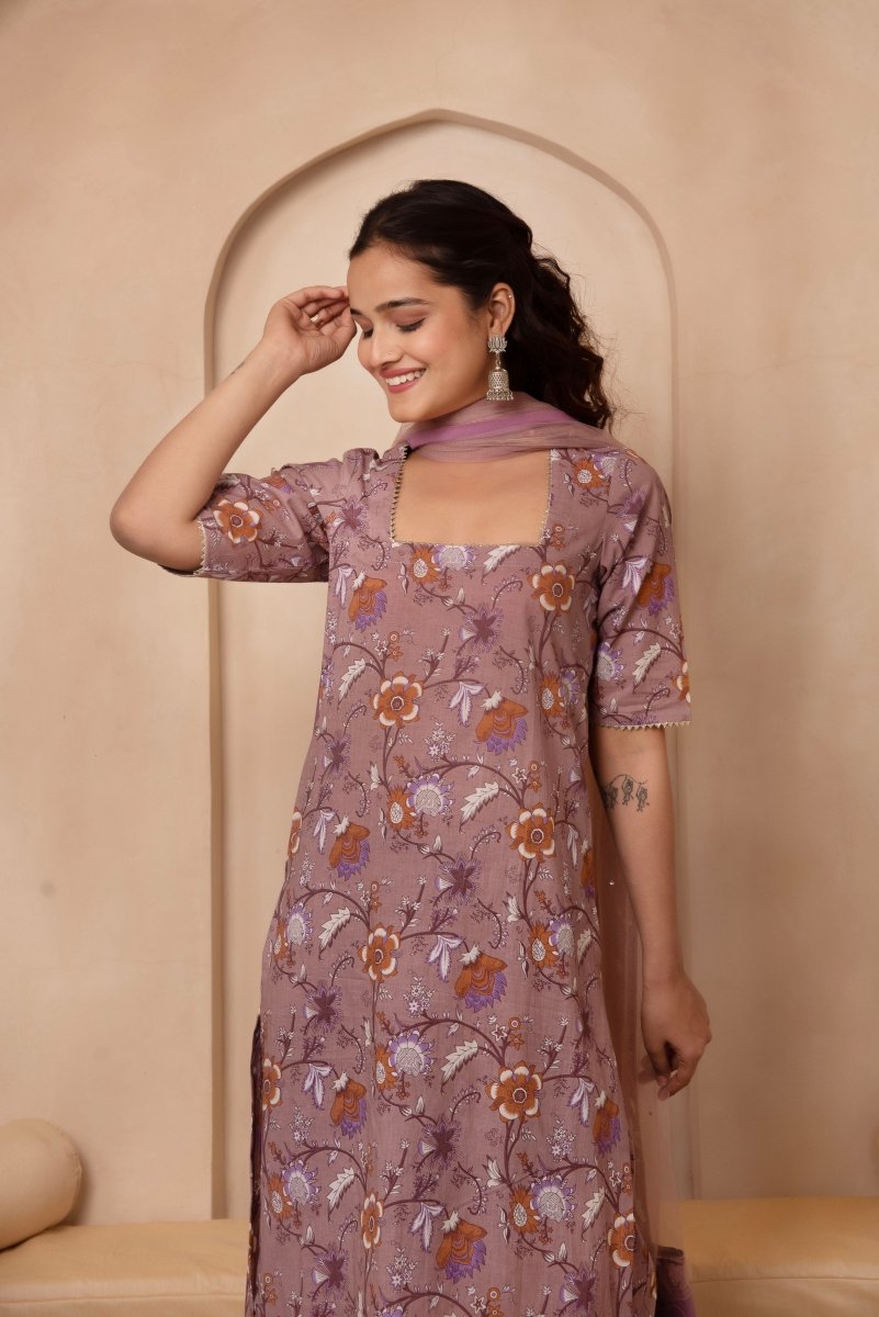 DHOOP CHAAV MAUVE FLORAL COTTON STRAIGHT SUIT SET WITH SOFT NET DUPATTA - Pomcha Jaipur