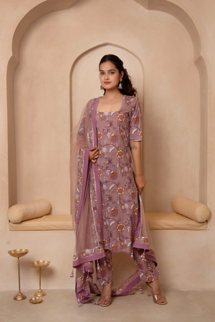 DHOOP CHAAV MAUVE FLORAL COTTON STRAIGHT SUIT SET WITH SOFT NET DUPATTA - Pomcha Jaipur