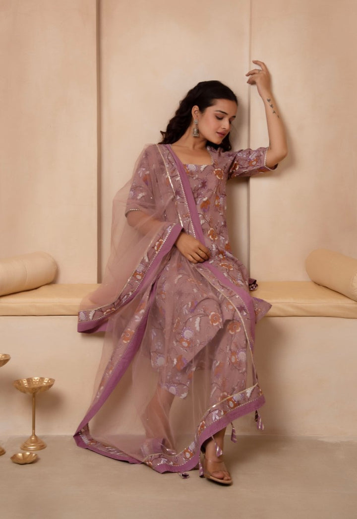 DHOOP CHAAV MAUVE FLORAL COTTON STRAIGHT SUIT SET WITH SOFT NET DUPATTA - Pomcha Jaipur