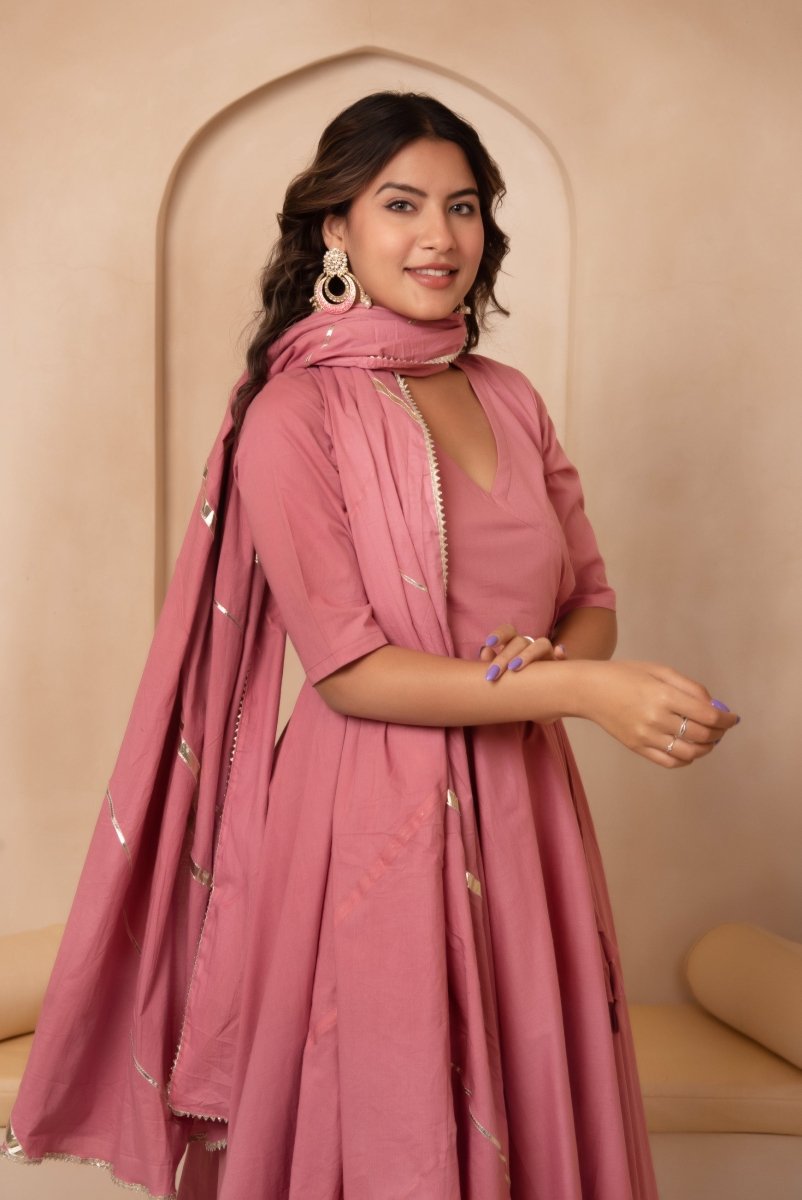 DHOOP CHAAV MIRA DUSTY PINK COTTON ANGRAKHA SET WITH COTTON DUPATTA - Pomcha Jaipur