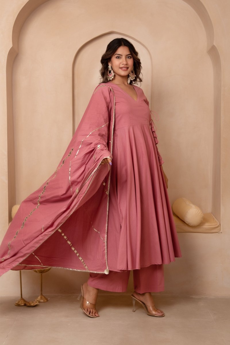 DHOOP CHAAV MIRA DUSTY PINK COTTON ANGRAKHA SET WITH COTTON DUPATTA - Pomcha Jaipur