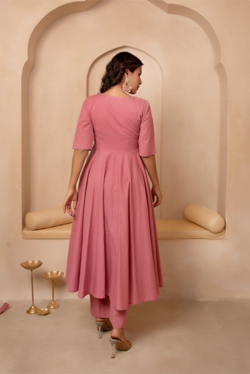 DHOOP CHAAV MIRA DUSTY PINK COTTON ANGRAKHA SET WITH COTTON DUPATTA - Pomcha Jaipur
