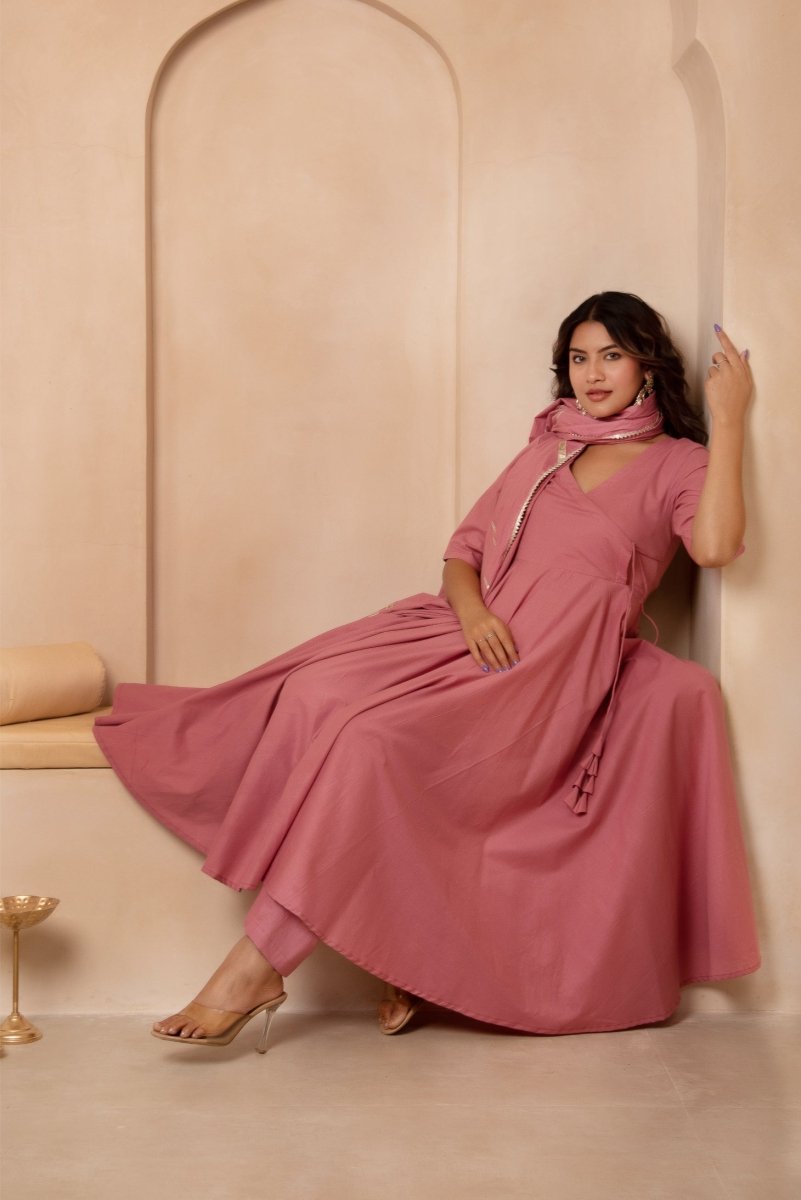 DHOOP CHAAV MIRA DUSTY PINK COTTON ANGRAKHA SET WITH COTTON DUPATTA - Pomcha Jaipur