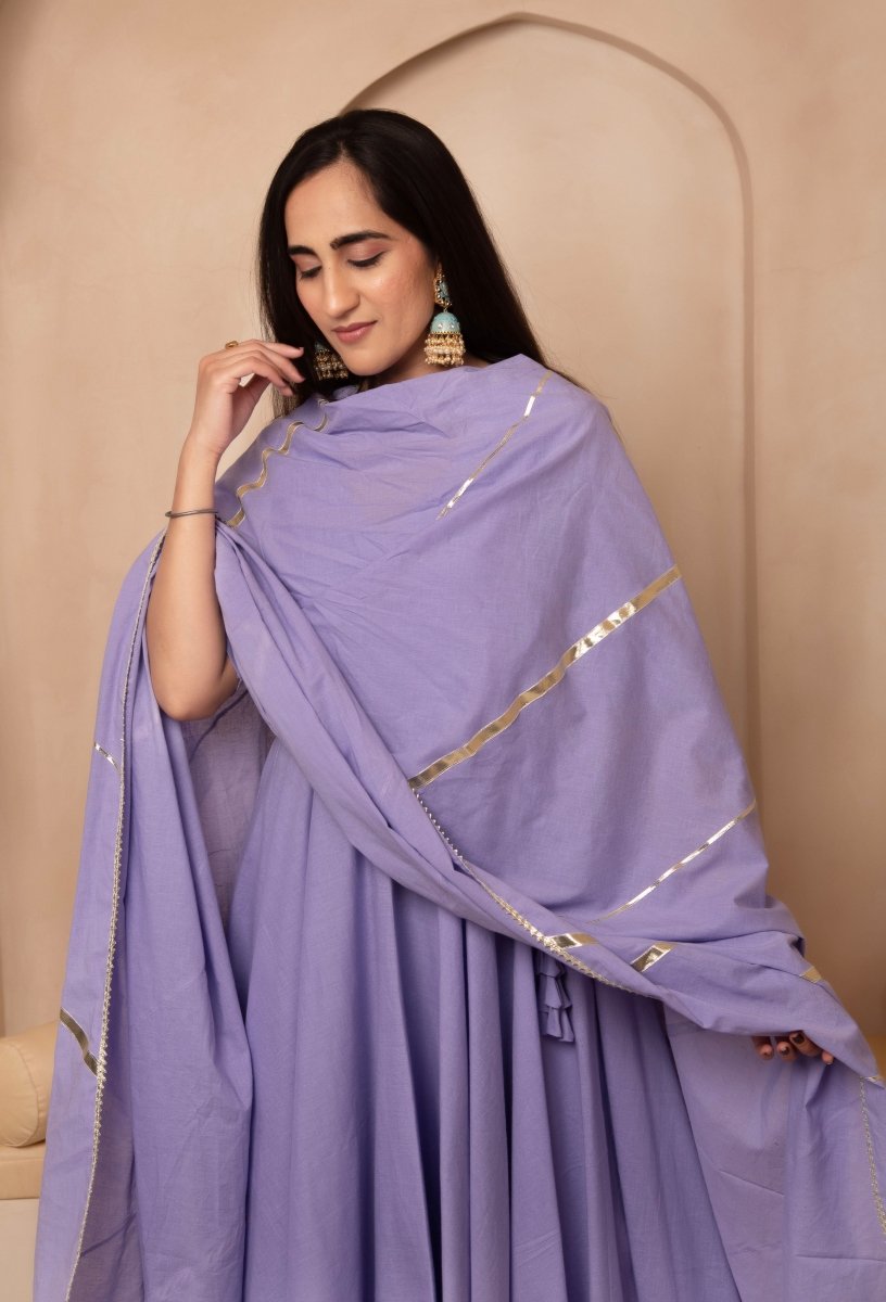 DHOOP CHAAV MIRA DUSTY PURPLE COTTON ANGRAKHA SET WITH COTTON DUPATTA - Pomcha Jaipur