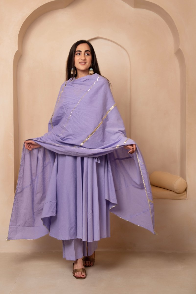 DHOOP CHAAV MIRA DUSTY PURPLE COTTON ANGRAKHA SET WITH COTTON DUPATTA - Pomcha Jaipur