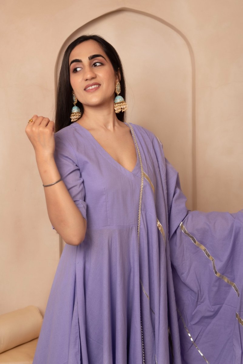 DHOOP CHAAV MIRA DUSTY PURPLE COTTON ANGRAKHA SET WITH COTTON DUPATTA - Pomcha Jaipur