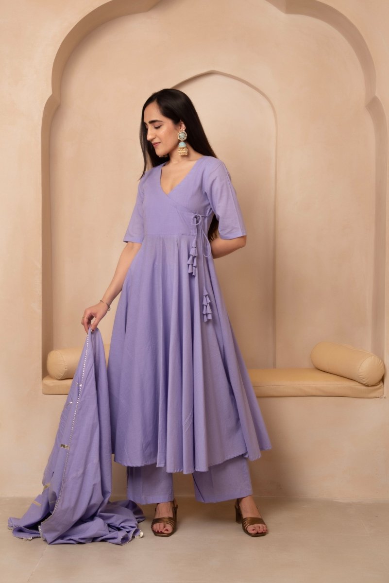 DHOOP CHAAV MIRA DUSTY PURPLE COTTON ANGRAKHA SET WITH COTTON DUPATTA - Pomcha Jaipur