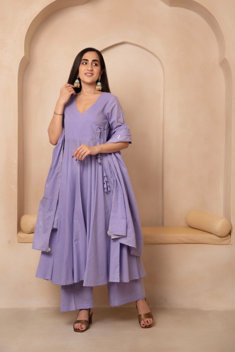 DHOOP CHAAV MIRA DUSTY PURPLE COTTON ANGRAKHA SET WITH COTTON DUPATTA - Pomcha Jaipur