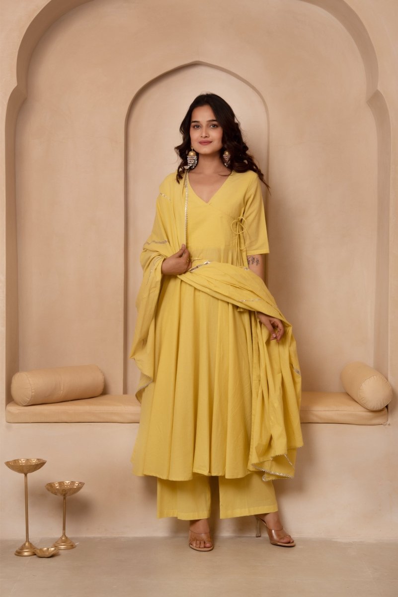 DHOOP CHAAV MIRA DUSTY YELLOW COTTON ANGRAKHA SET WITH COTTON DUPATTA - Pomcha Jaipur
