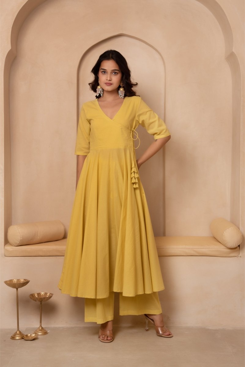 DHOOP CHAAV MIRA DUSTY YELLOW COTTON ANGRAKHA SET WITH COTTON DUPATTA - Pomcha Jaipur
