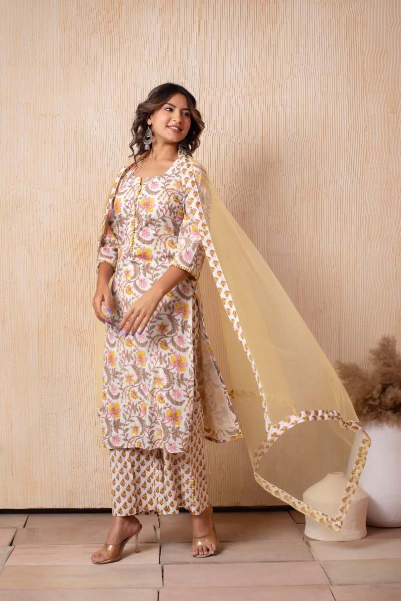DHOOP CHAAV OFF WHITE YELLOW HAND BLOCK PRINT COTTON SUIT SET WITH SOFT NET DUPATTA - Pomcha Jaipur
