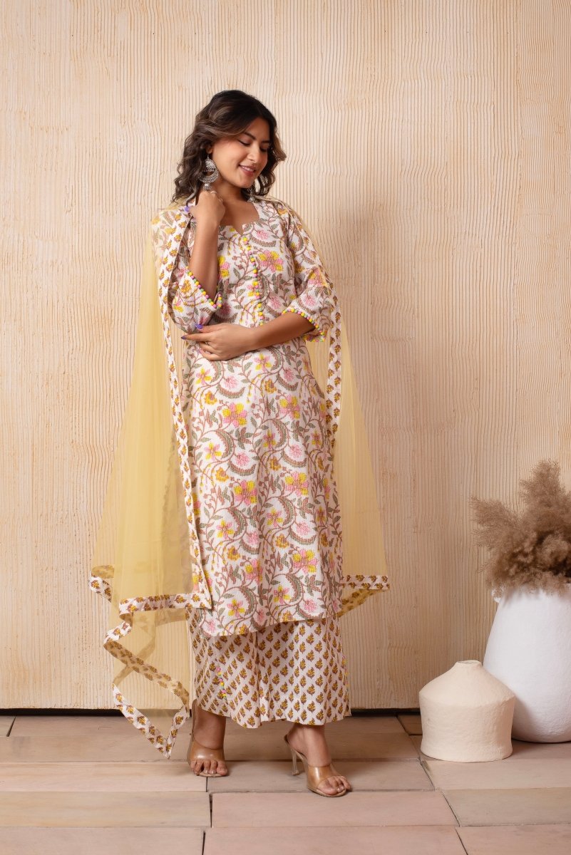 DHOOP CHAAV OFF WHITE YELLOW HAND BLOCK PRINT COTTON SUIT SET WITH SOFT NET DUPATTA - Pomcha Jaipur