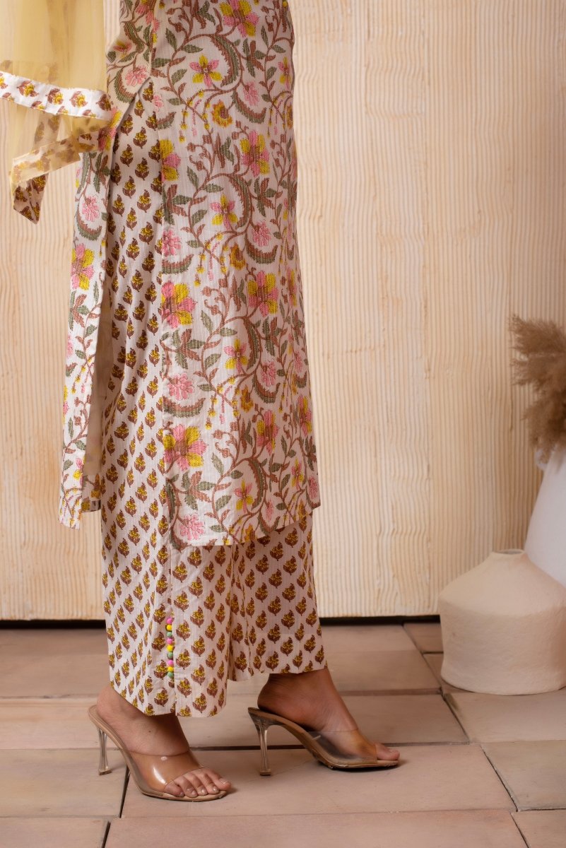 DHOOP CHAAV OFF WHITE YELLOW HAND BLOCK PRINT COTTON SUIT SET WITH SOFT NET DUPATTA - Pomcha Jaipur