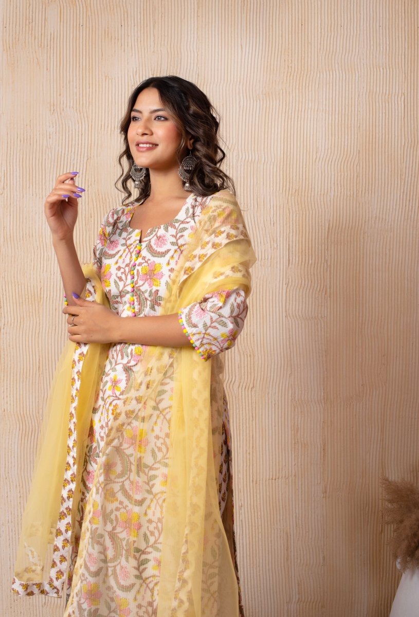 DHOOP CHAAV OFF WHITE YELLOW HAND BLOCK PRINT COTTON SUIT SET WITH SOFT NET DUPATTA - Pomcha Jaipur