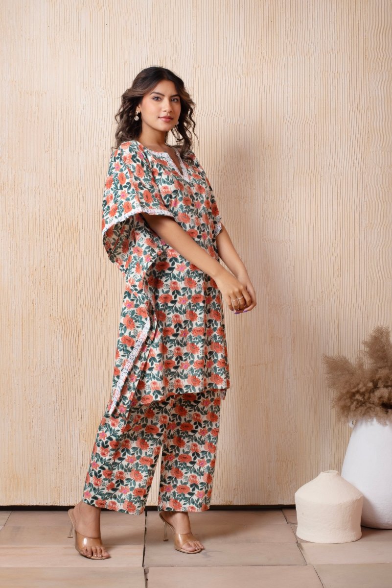 DHOOP CHAAV ORANGE PHOOL COTTON HAND BLOCK KAFTAN PANT SET - Pomcha Jaipur