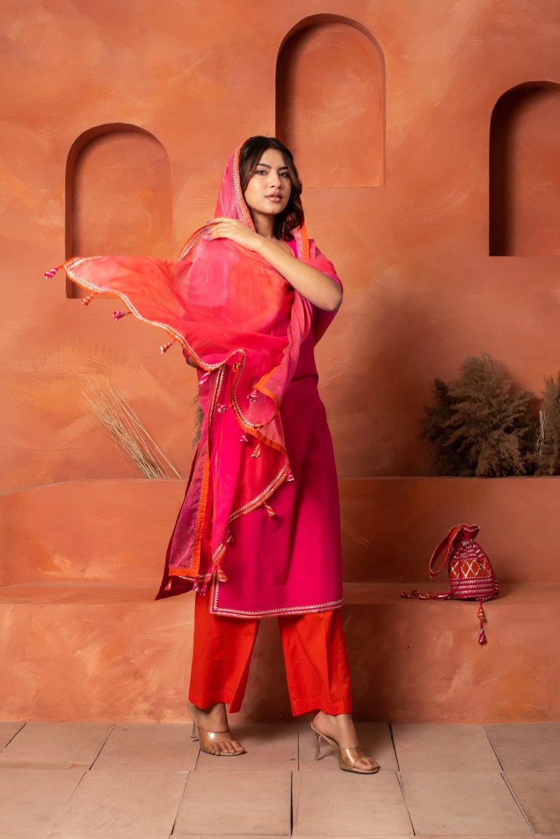 DHOOP CHAAV ORANGE PINK COTTON KURTA SET WITH PRINTED CHIFFON DUPATTA - Pomcha Jaipur