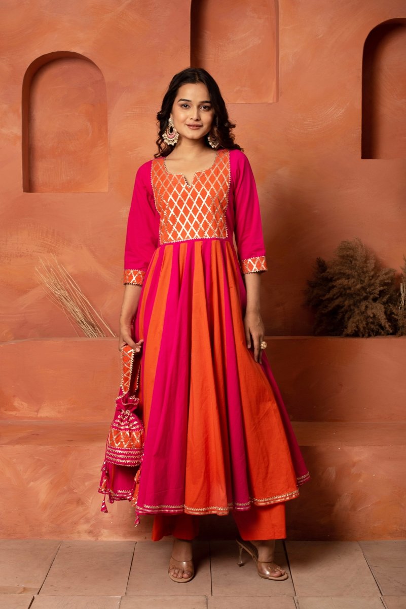 DHOOP CHAAV ORANGE PINK SHADE COTTON ANARKALI SET WITH CHIFFON PRINTED DUPATTA - Pomcha Jaipur