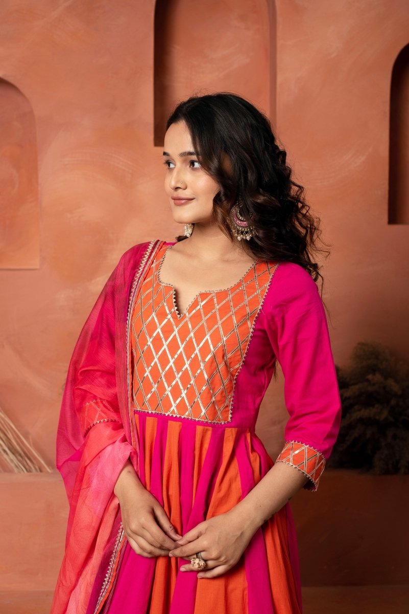 DHOOP CHAAV ORANGE PINK SHADE COTTON ANARKALI SET WITH CHIFFON PRINTED DUPATTA - Pomcha Jaipur