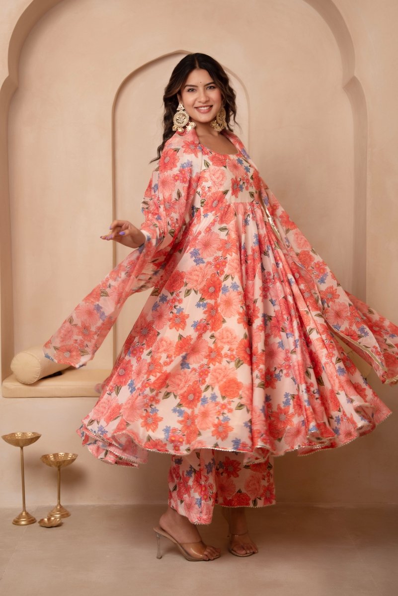 DHOOP CHAAV PEACH FLORAL MUSLIN ANARKALI SET WITH ORGANZA DUPATTA - Pomcha Jaipur