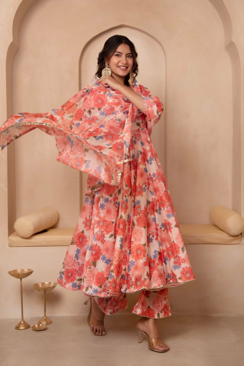 DHOOP CHAAV PEACH FLORAL MUSLIN ANARKALI SET WITH ORGANZA DUPATTA - Pomcha Jaipur