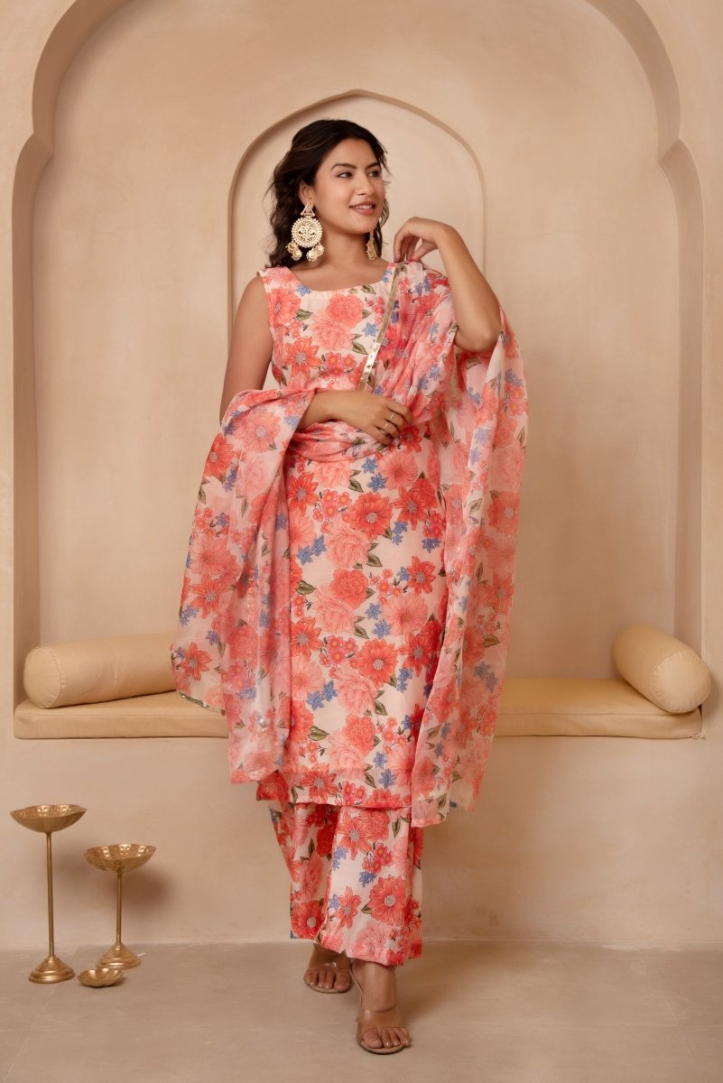 DHOOP CHAAV PEACH FLORAL MUSLIN STRAIGHT SUIT SET WITH ORGANZA DUPATTA - Pomcha Jaipur