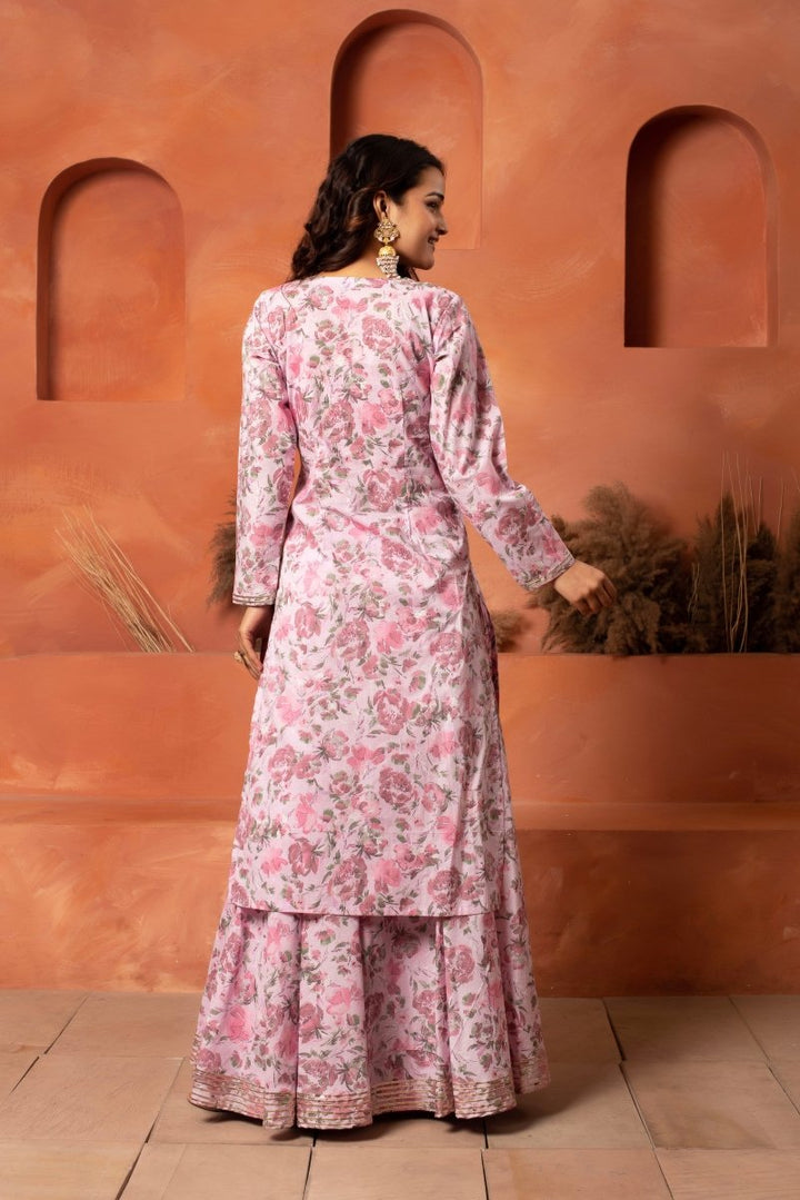 DHOOP CHAAV PINK COTTON PRINTED GOTA PATTI KURTA SKIRT SET WITH NET DUPATTA - Pomcha Jaipur