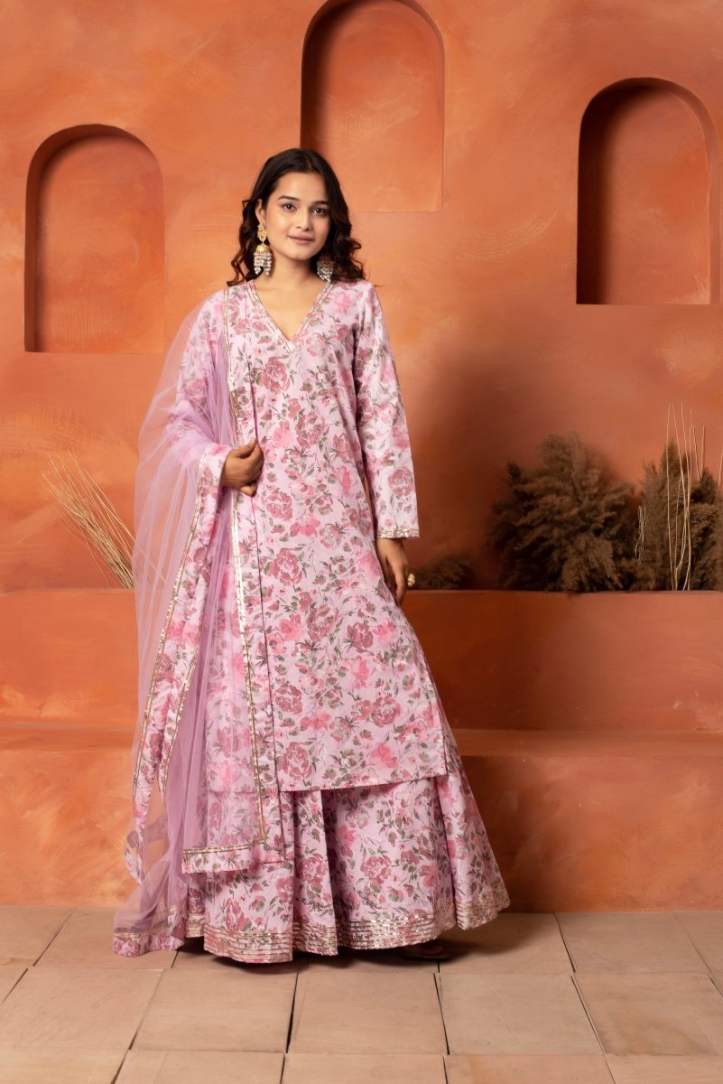 DHOOP CHAAV PINK COTTON PRINTED GOTA PATTI KURTA SKIRT SET WITH NET DUPATTA - Pomcha Jaipur