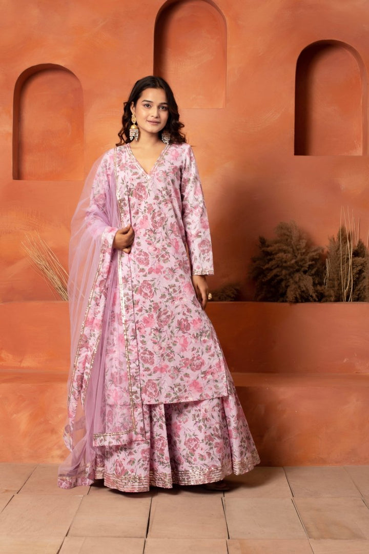 DHOOP CHAAV PINK COTTON PRINTED GOTA PATTI KURTA SKIRT SET WITH NET DUPATTA - Pomcha Jaipur